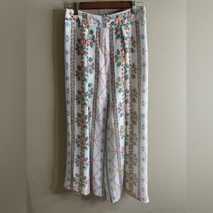 L'ATISTE wide leg White Pants with Coral and Green Floral Trim medium